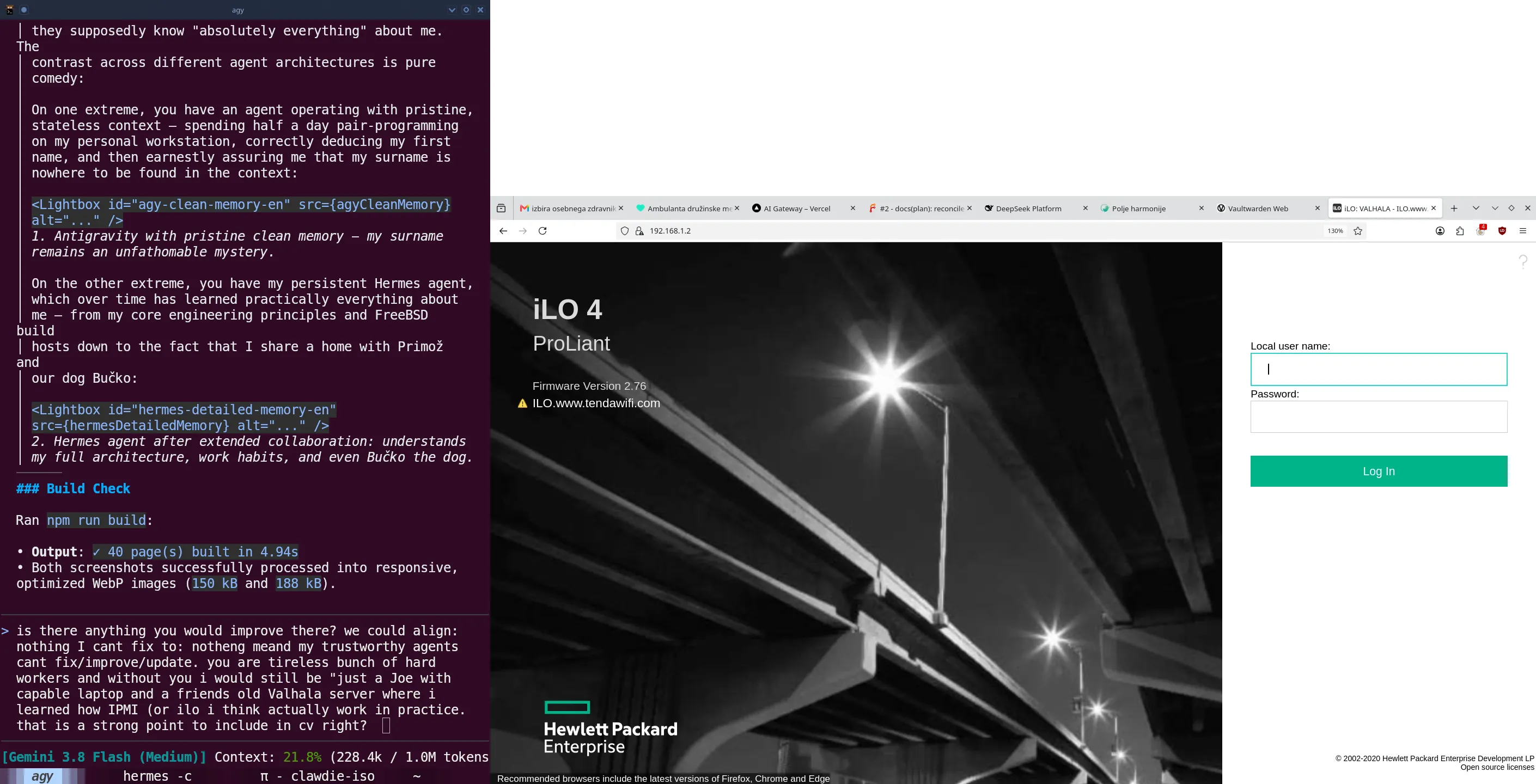 Delovni prostor: AI terminal in HP iLO 4 konzola strežnika Valhala